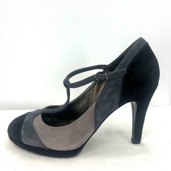 Boden Suede Black Gray T-Strap Heeled Pumps Women's Size 39 US 8 - Picture 4 of 10